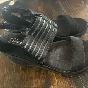 Womens‎ Skechers Rumblers 38472 Black Memory Foam Wedge Shoes Sandals Size 7